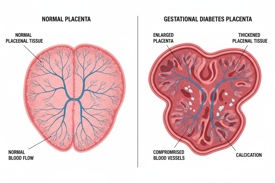 What happens to the placenta with gestational diabetes?