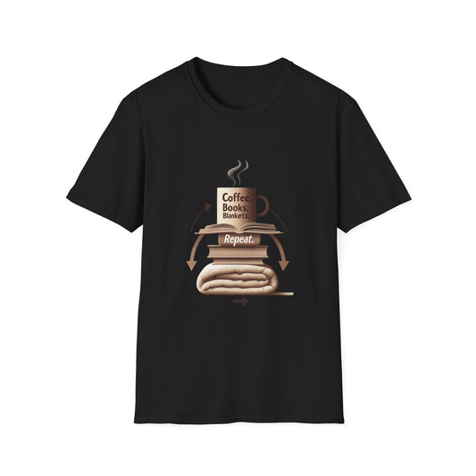 Cozy Reader T-Shirt — "Coffee. Books. Blankets. Repeat." Graphic Tee