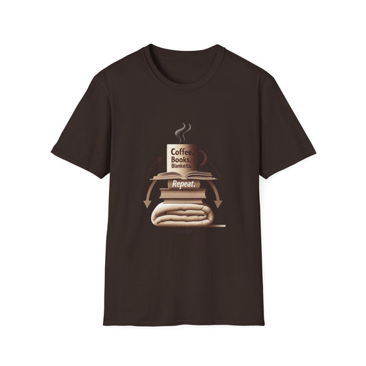 Cozy Reader T-Shirt — "Coffee. Books. Blankets. Repeat." Graphic Tee